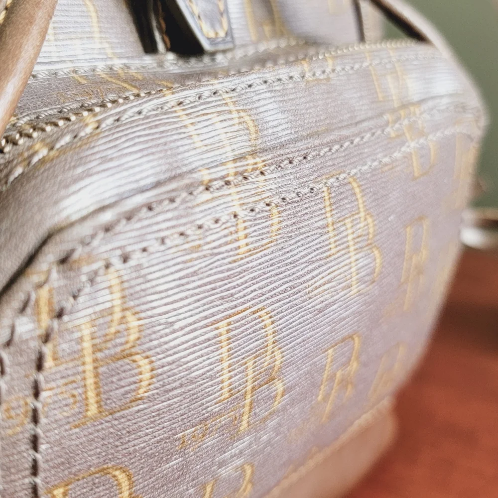 Dooney & Bourke DB Monogram Backpack Pewter Gray Coated Canvas Leather Bag